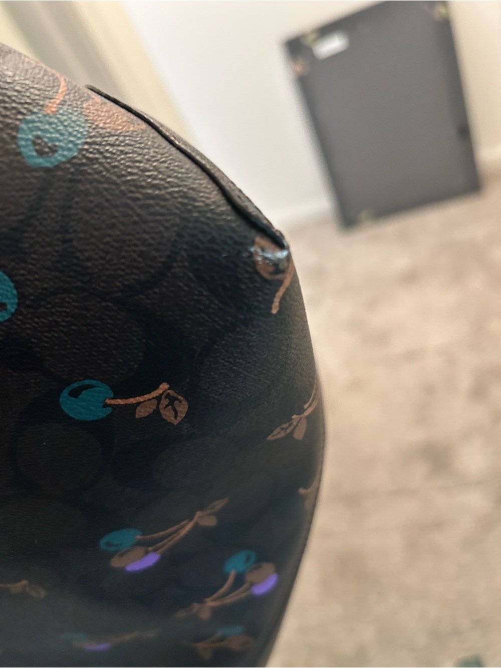 Coach Black Tote with Teal, Purple and Brown Cherry Print - Picture 9 of 11